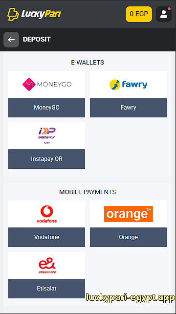 LuckyPari Egypt deposit methods with Fawry and Vodafone Cash