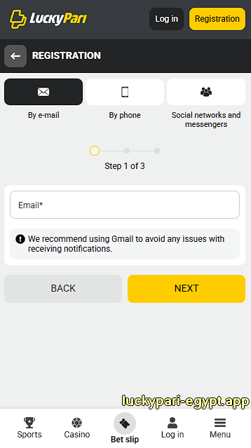 LuckyPari Egypt email registration step one mobile interface